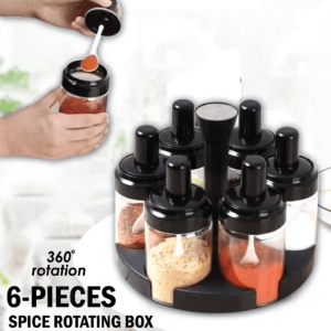 6 In 1 Spice Condiments Bottles & Spoons Container With Rotating Rack