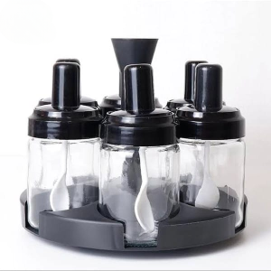 6 In 1 Spice Condiments Bottles & Spoons Container With Rotating Rack